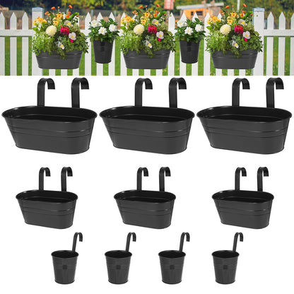 3 Different Size Metal Iron Hanging Flower Pots 10 Pcs for Outdoor Plants Metal Hanging Bucket Pots Iron Railing Fence Planter with Drainage Holes and Hooks for Porch Railing Balcony Fence (Black)