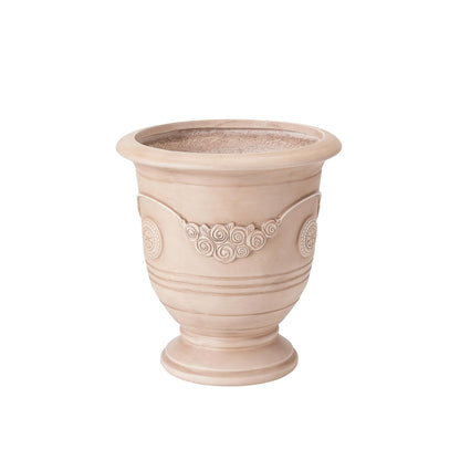 Christopher Knight Home Rewol Round Concrete Planter Set of 2, 2 Pack Garden Flower Pot with Drainage Hole, Floral Relif Patio Urn Planter for Outdoor Plants, Outdoor Planter Box, No Assembly, Beige