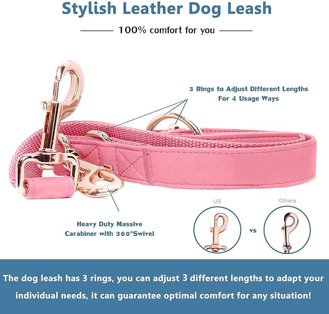 Soft Leather Dog Collar and Leash (6.6') Set - Stylish Rose Gold Heavy Duty Metal Buckle, 4 Adjustable Lengths Leash for Small Medium Large Dogs - Comfortable & Easy to Clean Dark Pink XS(8"-12")