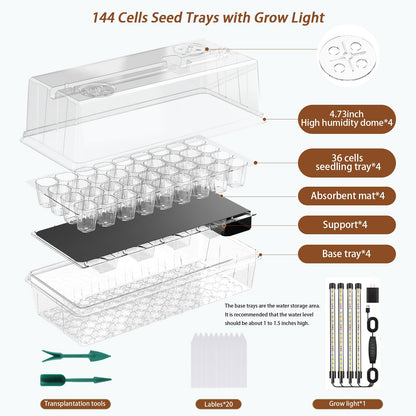 Eyriolya Seed Starter Tray Self Watering, Seed Starter Kit with Grow Light, Full Spectrum Grow Light for Seedling with Timer, Indoor Plant Grow Tray for Beginners & Seasoned Gardeners (144 Cells)
