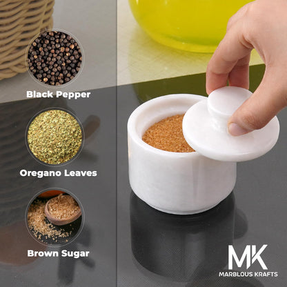 MARBLOUS KRAFTS Marble Salt Cellar with Lid 3" Inch White Salt Box, Stone Salt Container & Spice Jars, Stone Salt Holder for Counter, Spice Jar & Salt Jar