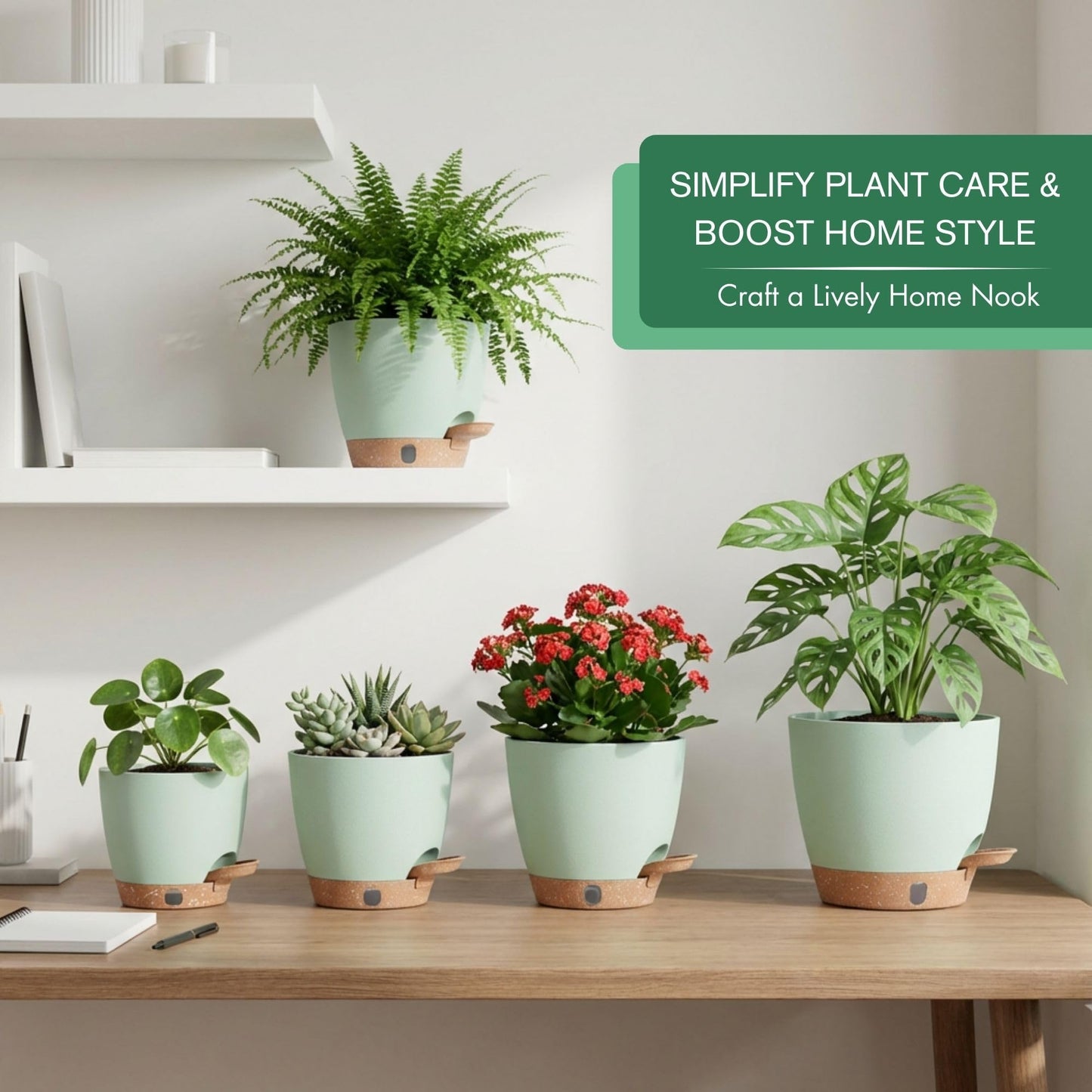 montresor Set of 2-10 Inch Hanging Planters and 5 Pack Green 5/5.5/6/6.5/7 Inch Self-Watering Pots Set
