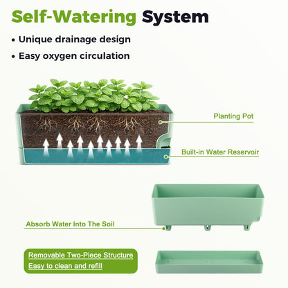 2 Pack Self Watering Pots for Indoor Plants 17 Inches Window Boxes Planters Rectangular Flower Pots Rectangle Herb Pots Large Plant Pots with Drainage Holes and Saucers Windowsill Planter, Green