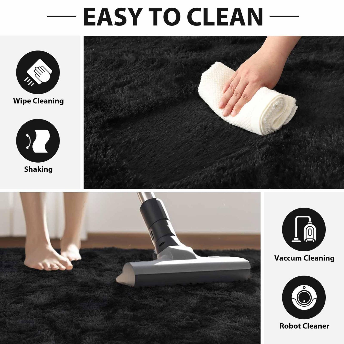 FinRèc 8x10 Feet Area Rugs for Living Room Bedroom, Fluffy Shaggy Large Rug, Non-Slip Soft Black Fuzzy Rugs for Nursery Kids Room Dorm Room Home Decor, Indoor Plush Floor Carpet
