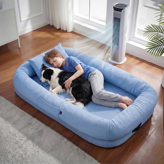 WROS Cooling Human Dog Bed for Summer, Breathable Washable Floor Lounger for People & Pets, 65"x36"x11", Ocean Blue, Pet Bed for Hot Weather Relaxing