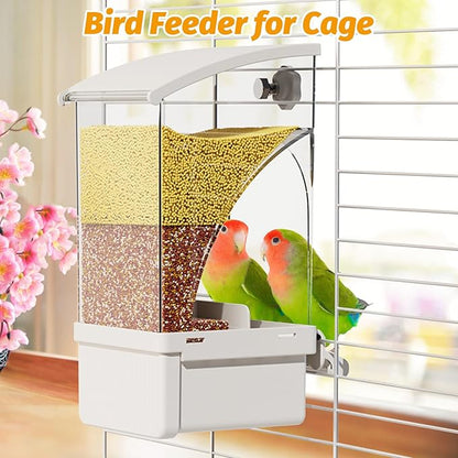 BNOSDM No Mess Bird Feeder Transparent Automatic Bird Cage Feeder with Perch Acrylic Parrot Food Container Parakeet Cage Accessories for Parakeets, Budgies, Cockatiel, Finch, Canary, Lovebird (White)