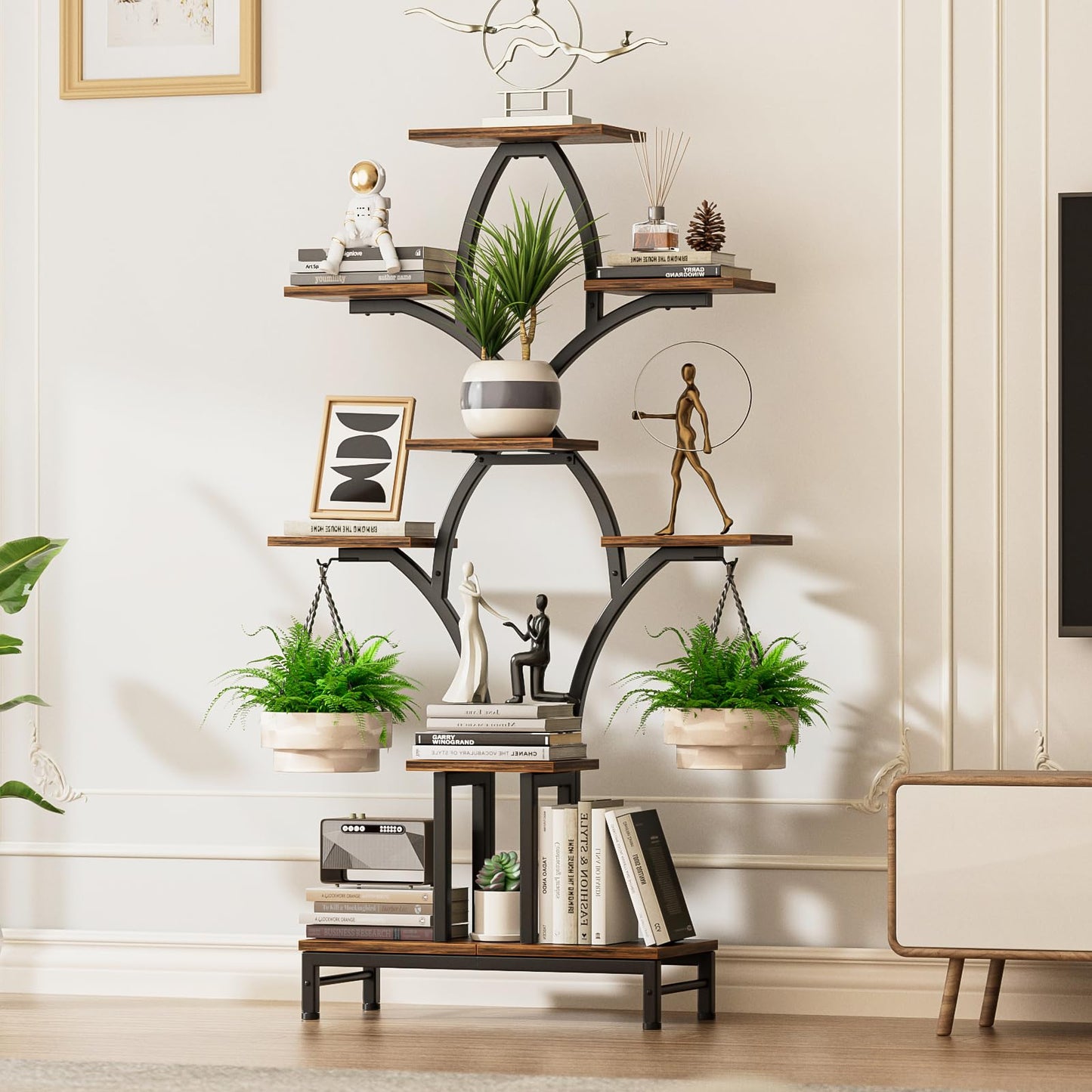 NEHAJUNXI Plant Stand Indoor with 4 Grow Lights - 63" Tall Plant Shelf- 8 Tiered Corner Plant Flower Stands Display Shelves for Home, Patio (Brown)