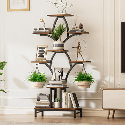 NEHAJUNXI Plant Stand Indoor with 4 Grow Lights - 63" Tall Plant Shelf- 8 Tiered Corner Plant Flower Stands Display Shelves for Home, Patio (Brown)