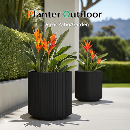 Heyzier Round Planter Outdoor Indoor, Large Plant Pots for Porch, Patio, Backyard, Modern Decor for Tall Plants, Flowers (Vertical Black, 16 inch - 2 Pack)