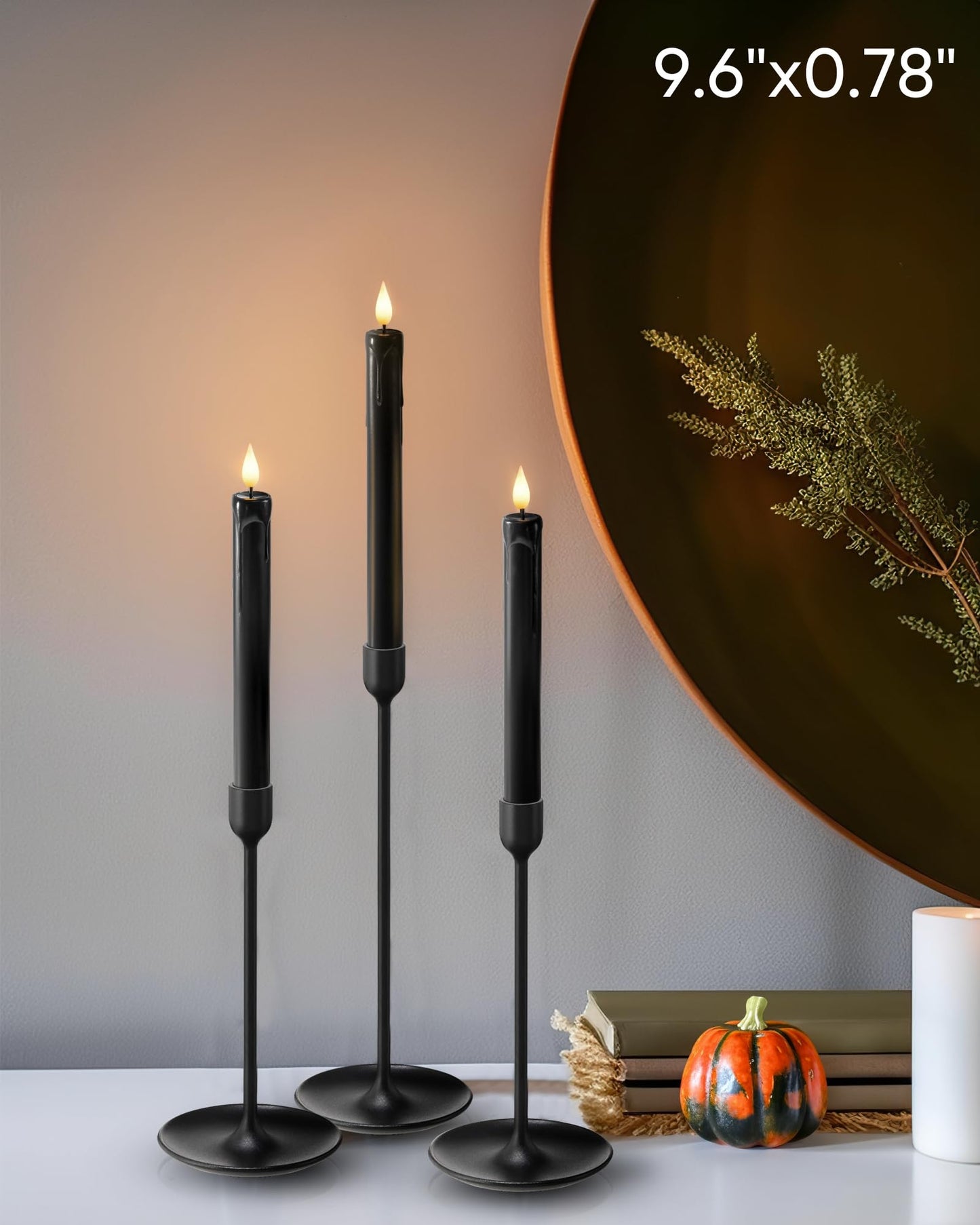 Homemory Black Flameless Taper Candles Flickering, NO Remote, 9.6 Inches Battery Operated, 6 Pcs Realistic Electric LED Candlesticks Made of Plastic for Halloween Party Home Decor
