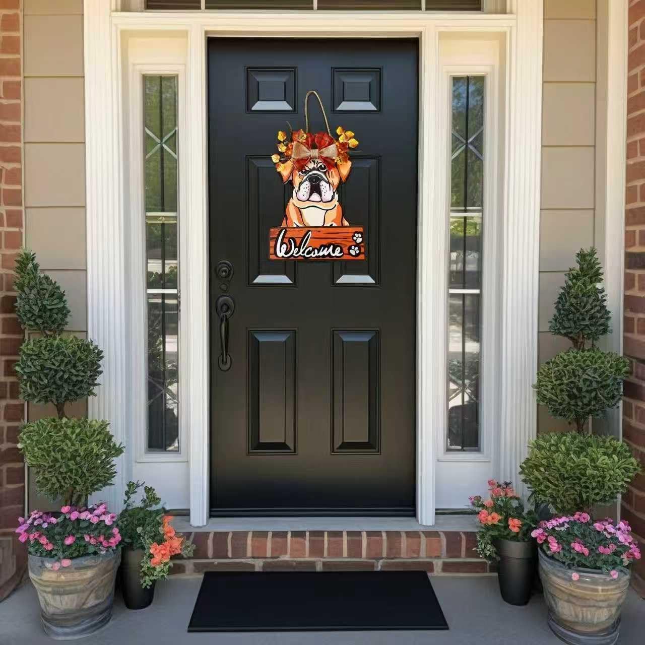 FelyHos Interchangeable Bulldog Welcome Sign, Wooden Seasonal Door Hanger with 12 Interchangeable Decorations, Cute Dog Welcome Plaque for Front Door Porch Wall, Holiday Home Decor Gift