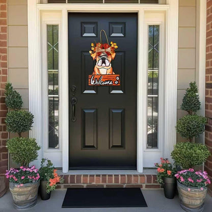 FelyHos Interchangeable Bulldog Welcome Sign, Wooden Seasonal Door Hanger with 12 Interchangeable Decorations, Cute Dog Welcome Plaque for Front Door Porch Wall, Holiday Home Decor Gift
