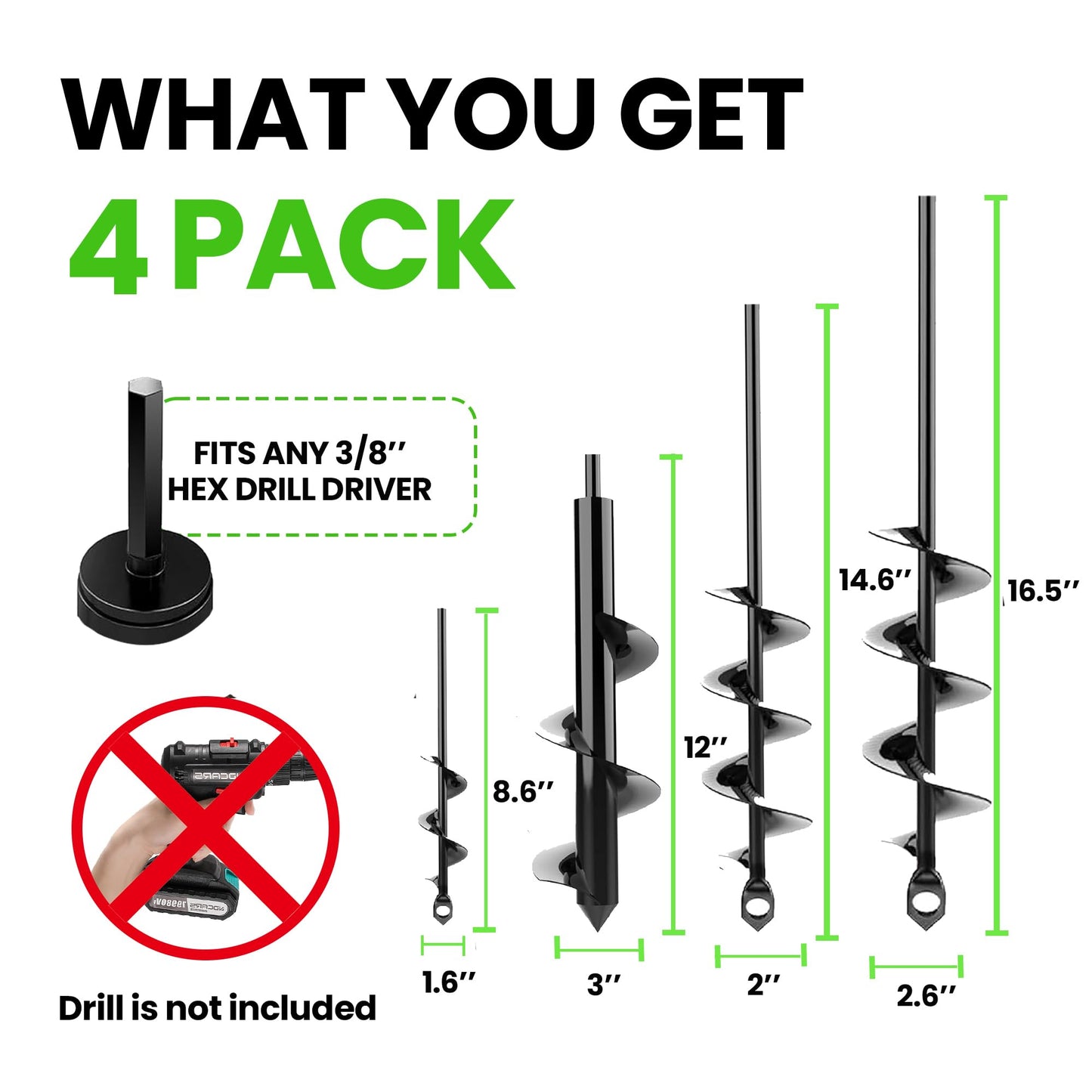 Auger Drill Bit for Planting 4 Pack – Garden Spiral Hole and Bulb Planter Tool for Umbrella Holes - Compatible with 3/8 Inch Hex Drive