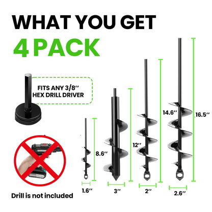 Auger Drill Bit for Planting 4 Pack – Garden Spiral Hole and Bulb Planter Tool for Umbrella Holes - Compatible with 3/8 Inch Hex Drive