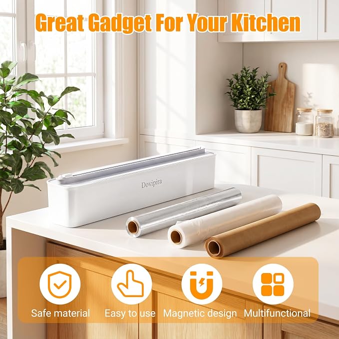 2 Pack Magnetic Plastic Wrap and Foil Dispenser with Cutter, Fits for Max 12.8In x 328Ft Cling Film, Adhesive Wall Mounted Aluminum Foil and Wrap Organizer Holder for Kitchen