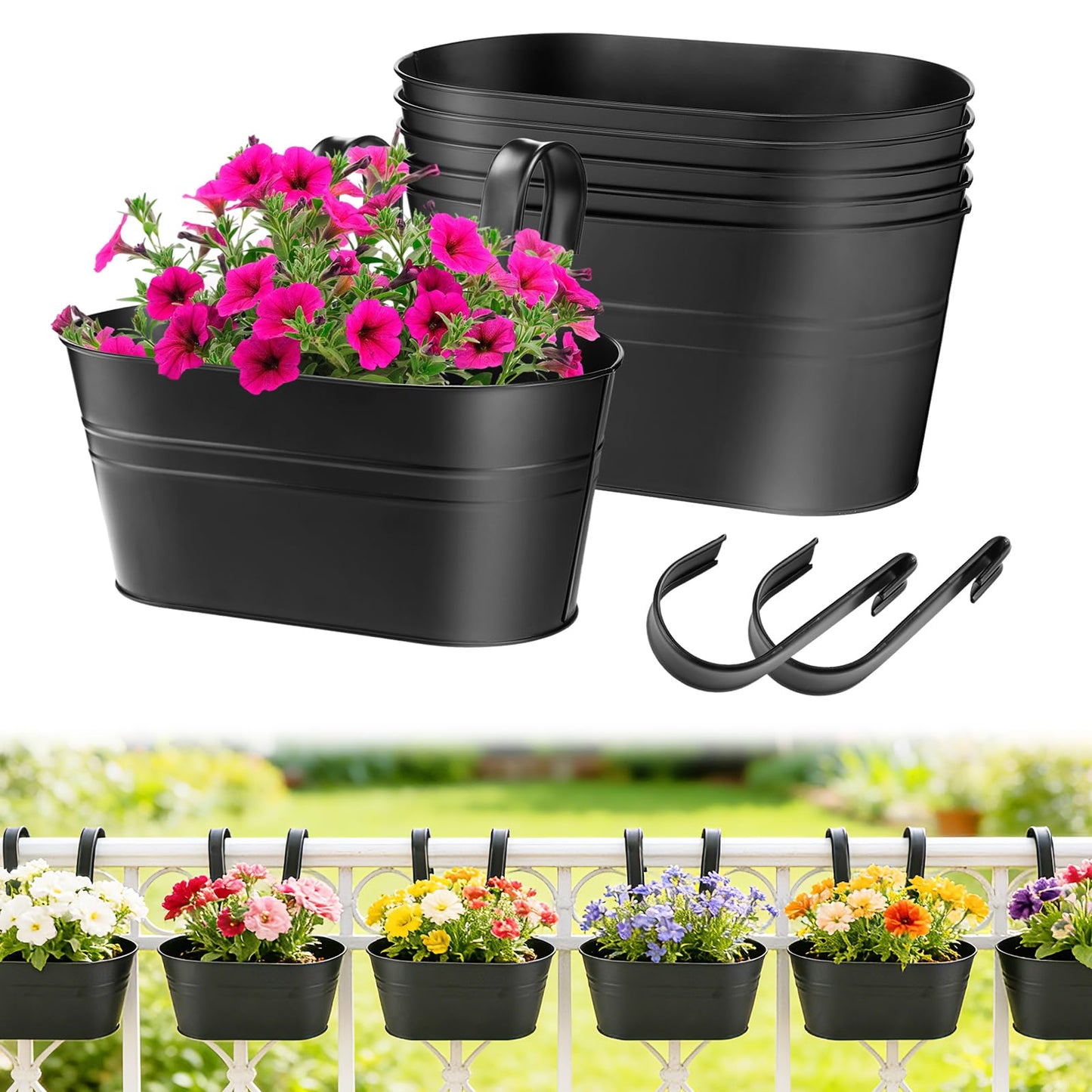 MADHOLLY Railing Planter with Drainage Holes - 6Pcs Sturdy Bucket Pots for Railing Fence, Countryside Style Metal Flower Pots for Herbs Balcony Garden Yard Decor, Black
