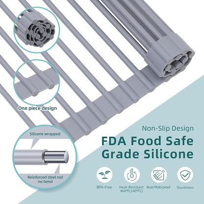Ohuhu Roll Up Dish Drying Rack, Over The Sink Multipurpose Roll-Up Dish Racks, 16.5" W x 13" L Rolling Heat-Resistant Anti-Slip Silicone Coated Dish Drainer Portable Foldable for Kitchen Counter