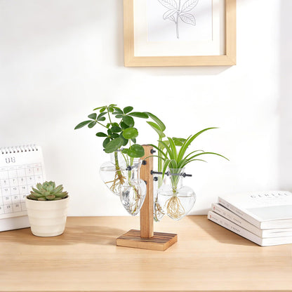 Mkono Heart Shaped Propagation Station with Wood Stand, Glass Hydroponic Planter Desktop Plant Terrarium for Home Office Decor, Gifts for Plant Lovers - 4 Love Bulb Pot Vase