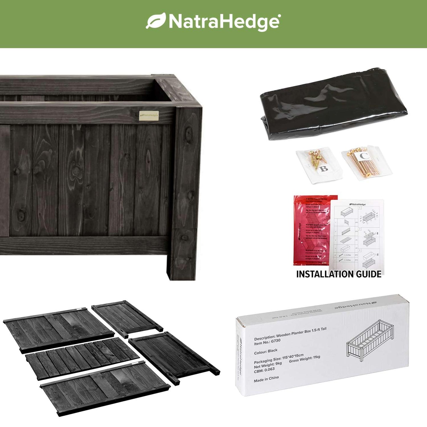 NatraHedge (44" Lx 15" W x 15" H (Black) Hampton Classic Wooden Planter Box Indoor and Outdoor Rectangular Garden Planter Use for Patio, Yard, Greenhouse, Vegatable, Flowers, and Herb