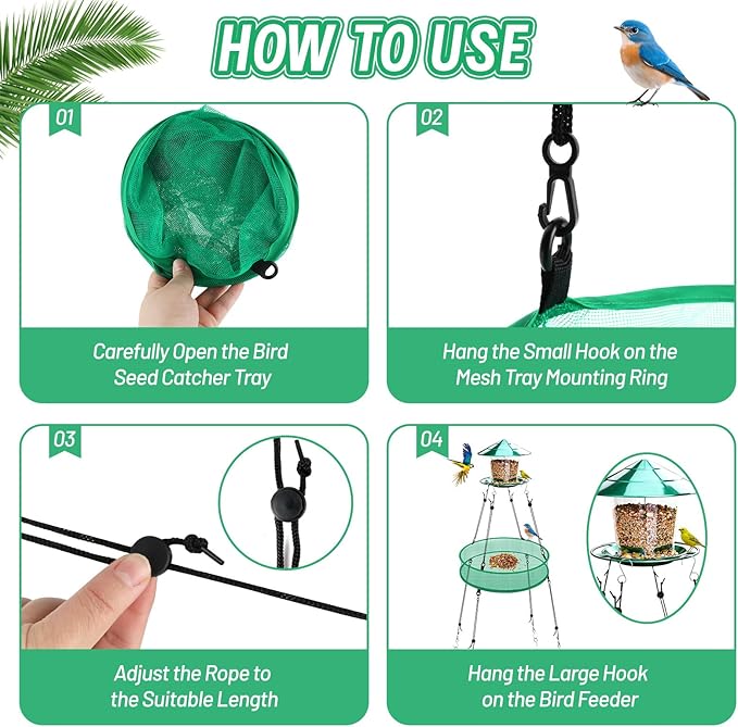 2 Pcs Bird Seed Catcher for Outdoor Feeders, 20" Hanging Bird Feeder Seed Catcher Platform with Adjustable Hanging Hoop for Hummingbird Bee Feeder Outdoor Garden Backyard Accessories(Green)