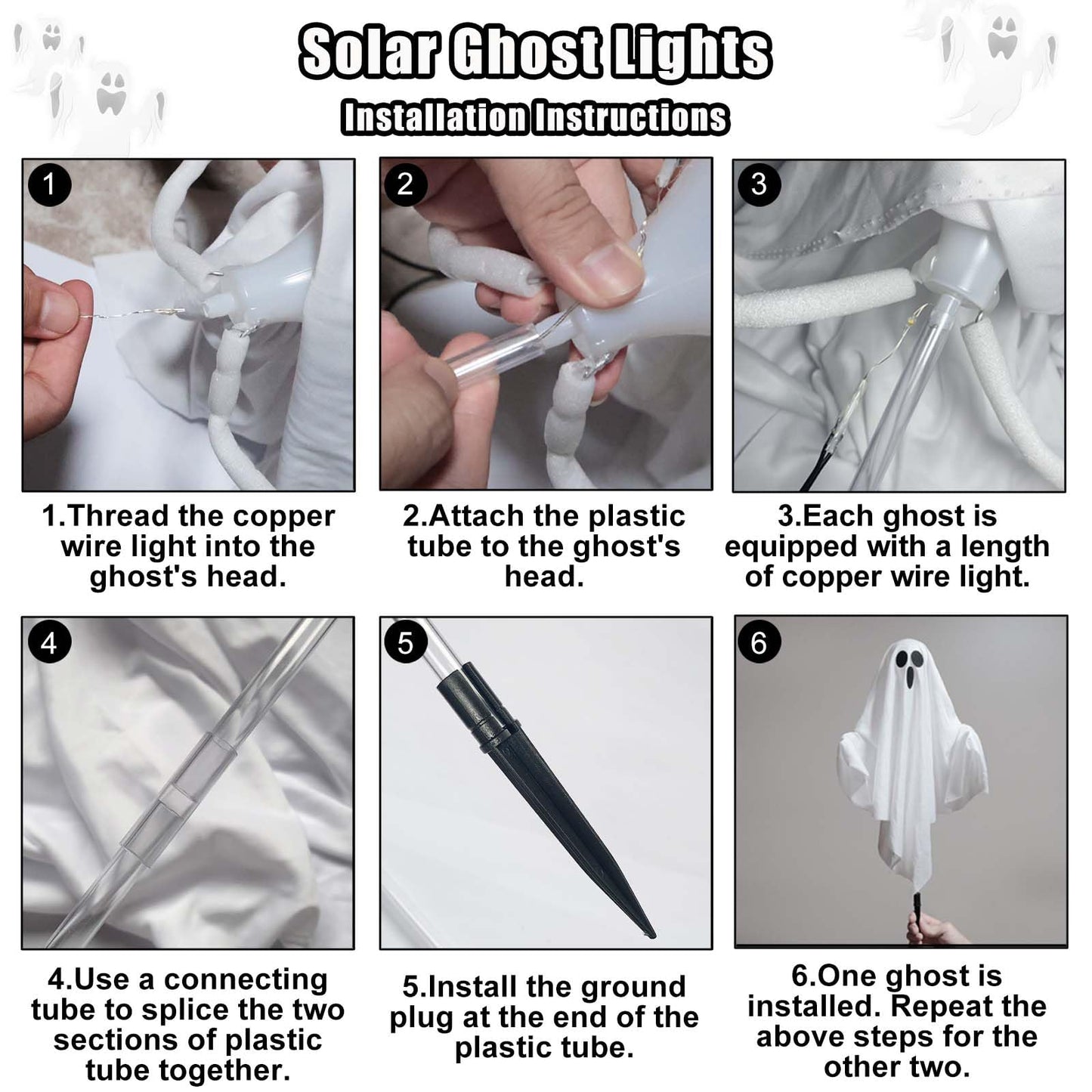 Solar Powered Halloween Decorations, 3 Pack Light Up Ghost Outdoor Path Pathway Kit Walkway Driveway Warm White Led Lights Solar Power Scary Yard Stakes Garden Lawn Decor