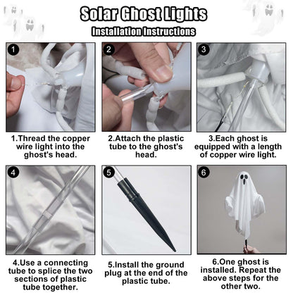 Solar Powered Halloween Decorations, 3 Pack Light Up Ghost Outdoor Path Pathway Kit Walkway Driveway Warm White Led Lights Solar Power Scary Yard Stakes Garden Lawn Decor