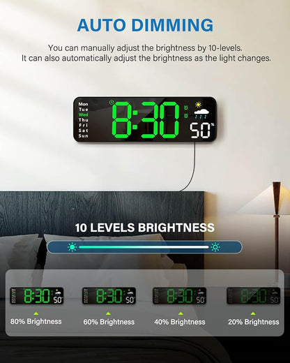Digital Wall Clock, Digital Clock Large Display with Remote Control, Corded LED Alarm Clocks with Date, Week, Temp, Humidity, Auto DST, Countdown, for Living Room Bedroom Classroom Office (Green)