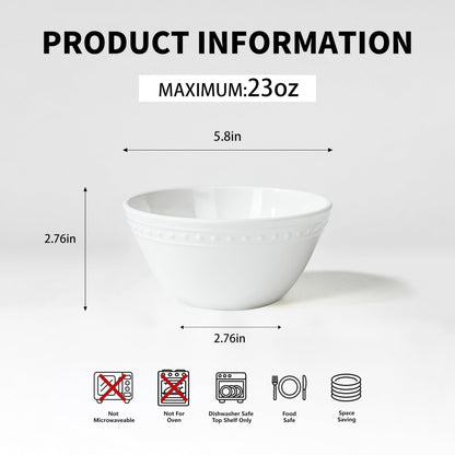 BEESEN 5.8in Basic White Beaded Melamine Plastic Cereal Bowl Set, Soup Bowls Set of 6, Dishwasher Safe, Break-Resistant, 23oz Melamine Bowls for Daily Use