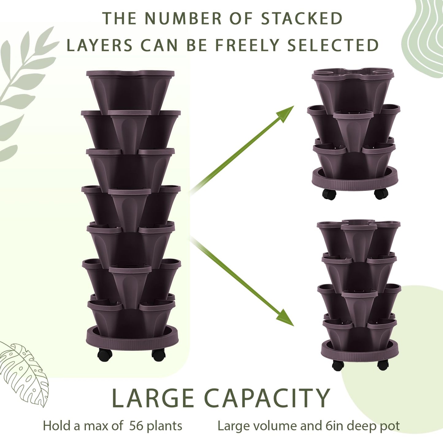 Umigy 2 Set Espresso Brown 7 Tier Vertical Planter Stackable Tower Planters Strawberry Herb Flower and Vegetable Pots Indoor Outdoor Gardening Pots with Removable Wheels and Tools
