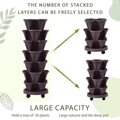 Umigy 2 Set Espresso Brown 7 Tier Vertical Planter Stackable Tower Planters Strawberry Herb Flower and Vegetable Pots Indoor Outdoor Gardening Pots with Removable Wheels and Tools