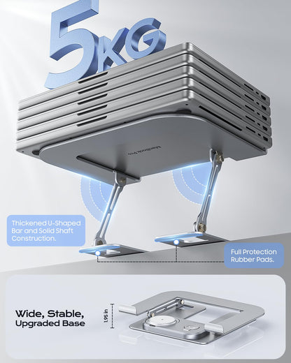 Meifigno Laptop Stand for Desk with Wireless Charging Station Base, Foldable Aluminum MacBook Stand with MagSafe Charger for iPhone/iWatch/AirPods, 30W USB-C Charging for All Laptop, with 65W Adapter