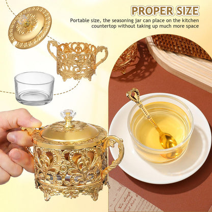 Sugar Bowl, 2 Sets Turkish Sugar Bowl with Lid and Spoon Condiment Pots Seasoning Box Golden Embossed Glass Candy Jar Coffee Bar Accessories