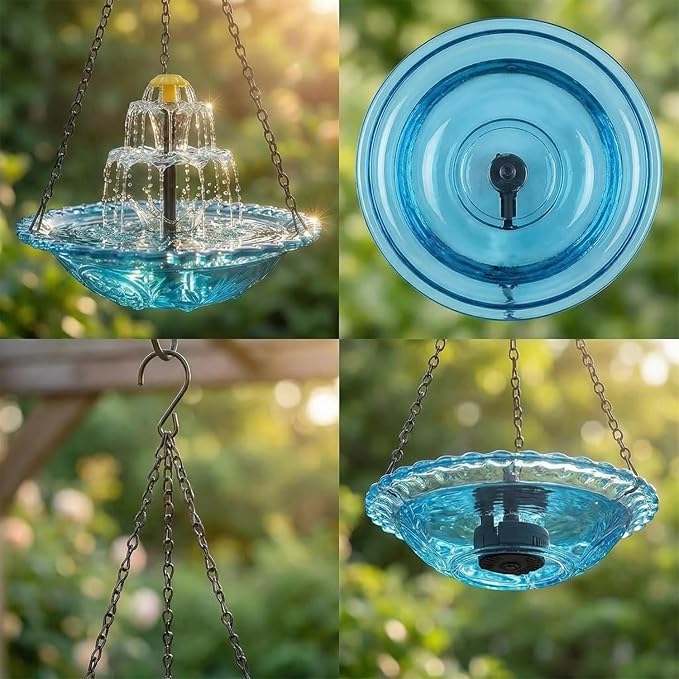 2026 Solar Cascade Hanging Bird Bath Fountain - 3 Layers Outdoor Water Feature for Hummingbirds, Easy-Clean 9.3" Glass Basin with Solar Powered Pump, Attract Wild Birds to Garden, Patio (Gray)