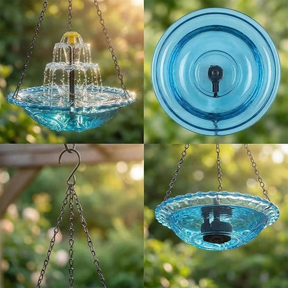 2026 Solar Cascade Hanging Bird Bath Fountain - 3 Layers Outdoor Water Feature for Hummingbirds, Easy-Clean 9.3" Glass Basin with Solar Powered Pump, Attract Wild Birds to Garden, Patio (Pink)