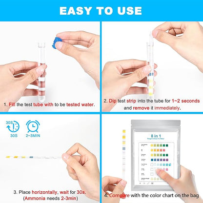 DaToo 8 in 1 Aquarium Test Kit Fish Tank Test Strips Accurate Water Quality Testing Strips for Ammonia PH Total Alkalinity Carbonate Hardness Free Chlorine Nitrate Nitrite Temperature (100 Strips)