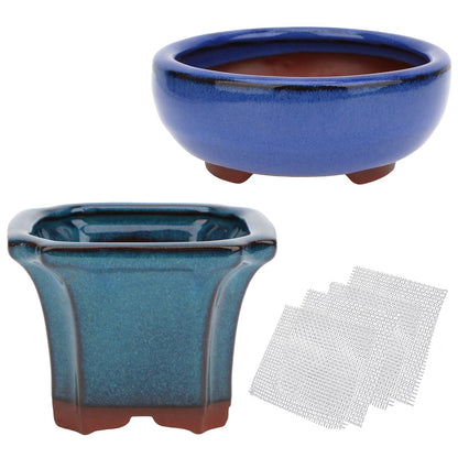 Bonsai Planter Succulent 4" Small Glazed Pots, Value Set of 2 + 4 Soft Mesh Drainage Screens