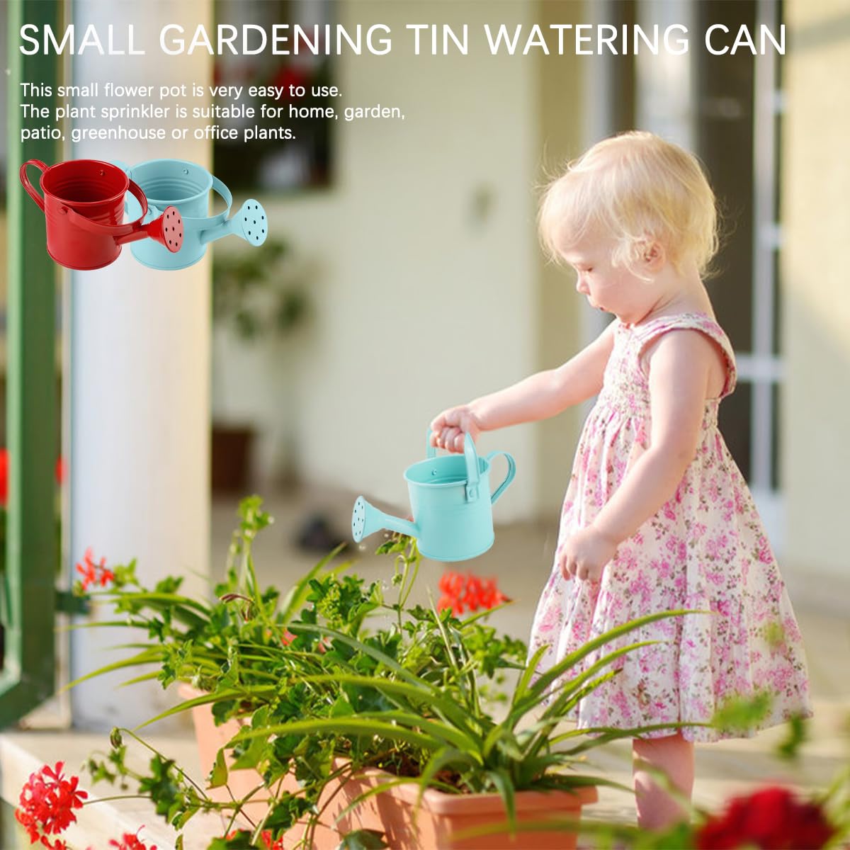 2Pcs Mini Watering Can Sprinkler Bucket for Kids Metal Gardening Water Pot for Outdoor and Indoor House Plants, Blue/Red/Cute Watering Can