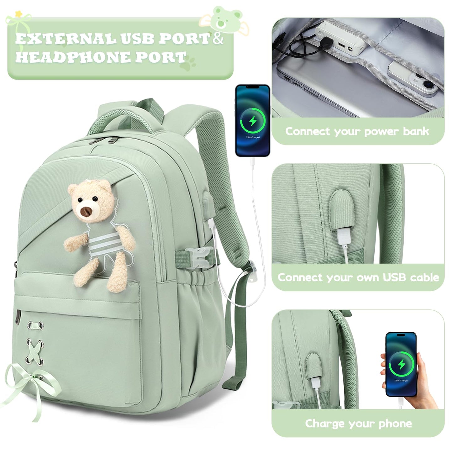 ACESAK School Backpack for Girls - 3 PCS Cute Girls Backpack with Lunch Box & Pencil Case - Kawaii Casual Kids Bookbag School Bag Daypacks Set for Elementary Middle High School Student Teens (Green)