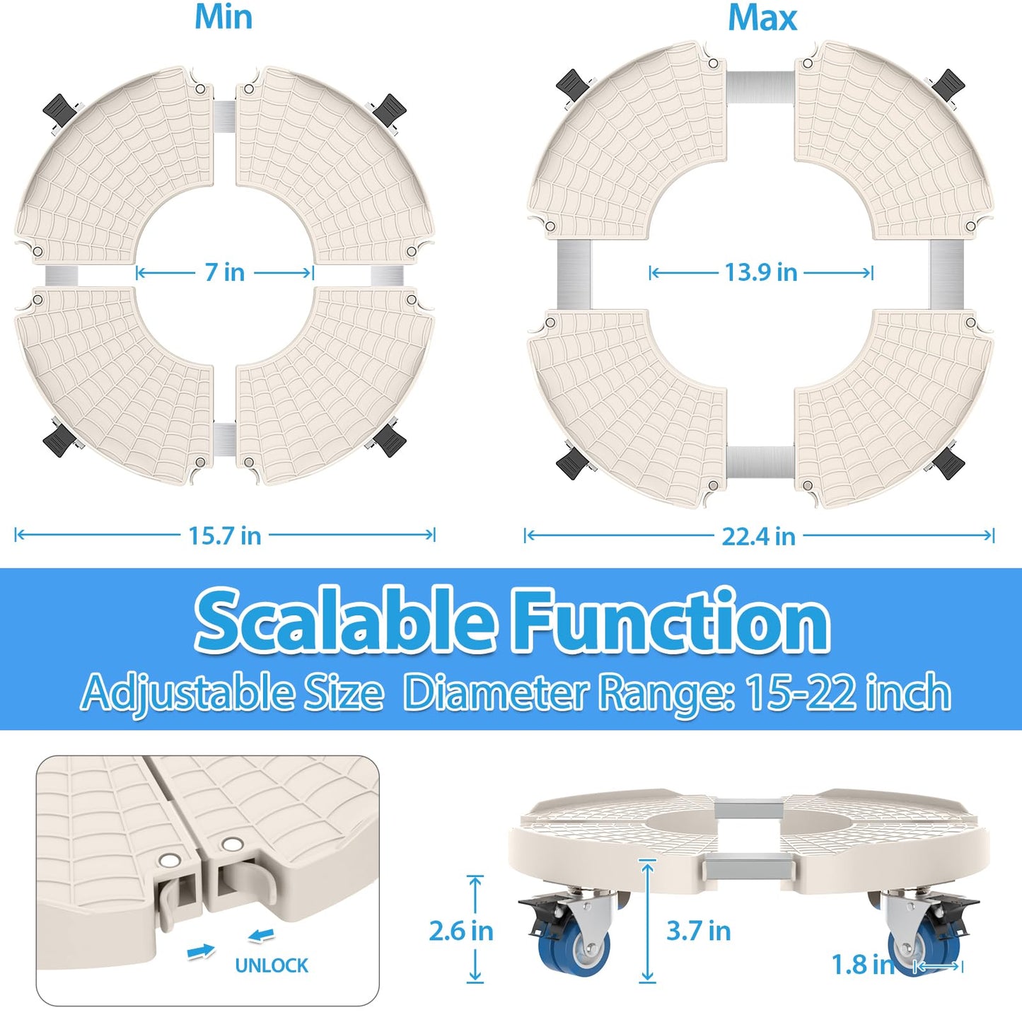 VANCASTLE Plant Caddy with Lockable Wheels Heavy Duty 450lbs Capacity, 15-22 Inch Adjustable Plant Stand with Wheels Rolling base, Plant Dolly for Flower Pot Mover Indoor Outdoor, Beige, 2 Pack