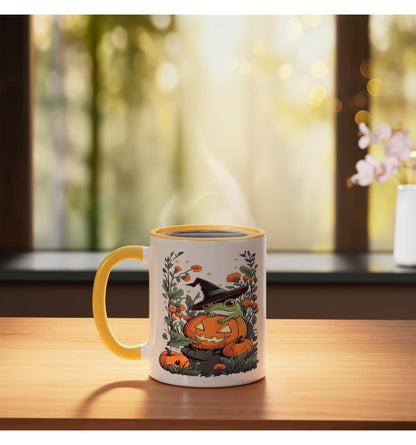 Halloween Frog Witch Hat Jack-o-Lantern Orange Flower Fall Ceramic Mug, Yellow/White