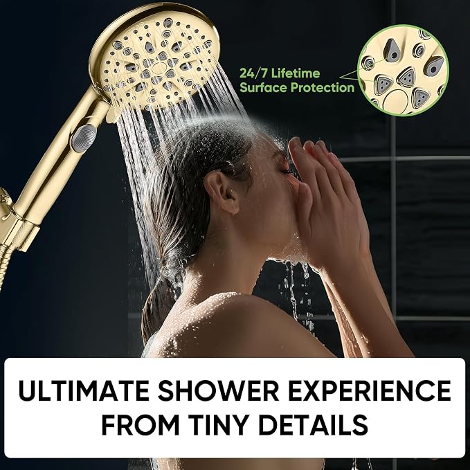 Cobbe 9-Function Shower Head with Built-in Power Spray, 1.8 GPM Water Saving ON/OFF Toggle Switch, High Pressure Handheld Showerhead with 1-Click Pause Button, Brass Bracket & 6ft Hose, Gold
