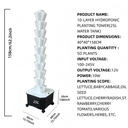 TIRUSSS Hydroponic Growing System Kit, Aeroponic Tower 50 Hole Garden Vertical Vegetable Planting System with Pump and Mobile Water Tank