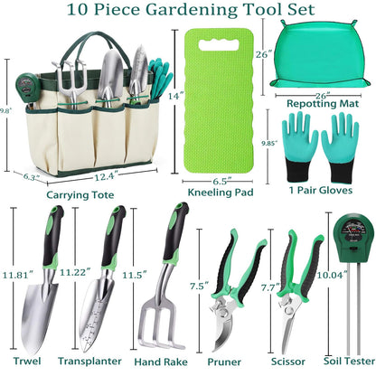 10PCS Heavy-Duty Garden Tools Set for Beginners - Rust-Proof Aluminum Garden Kit with Soil Tester, Repotting Mat & Kneeling Pad, Perfect Gardening Gift for Women, Mom & Beginners