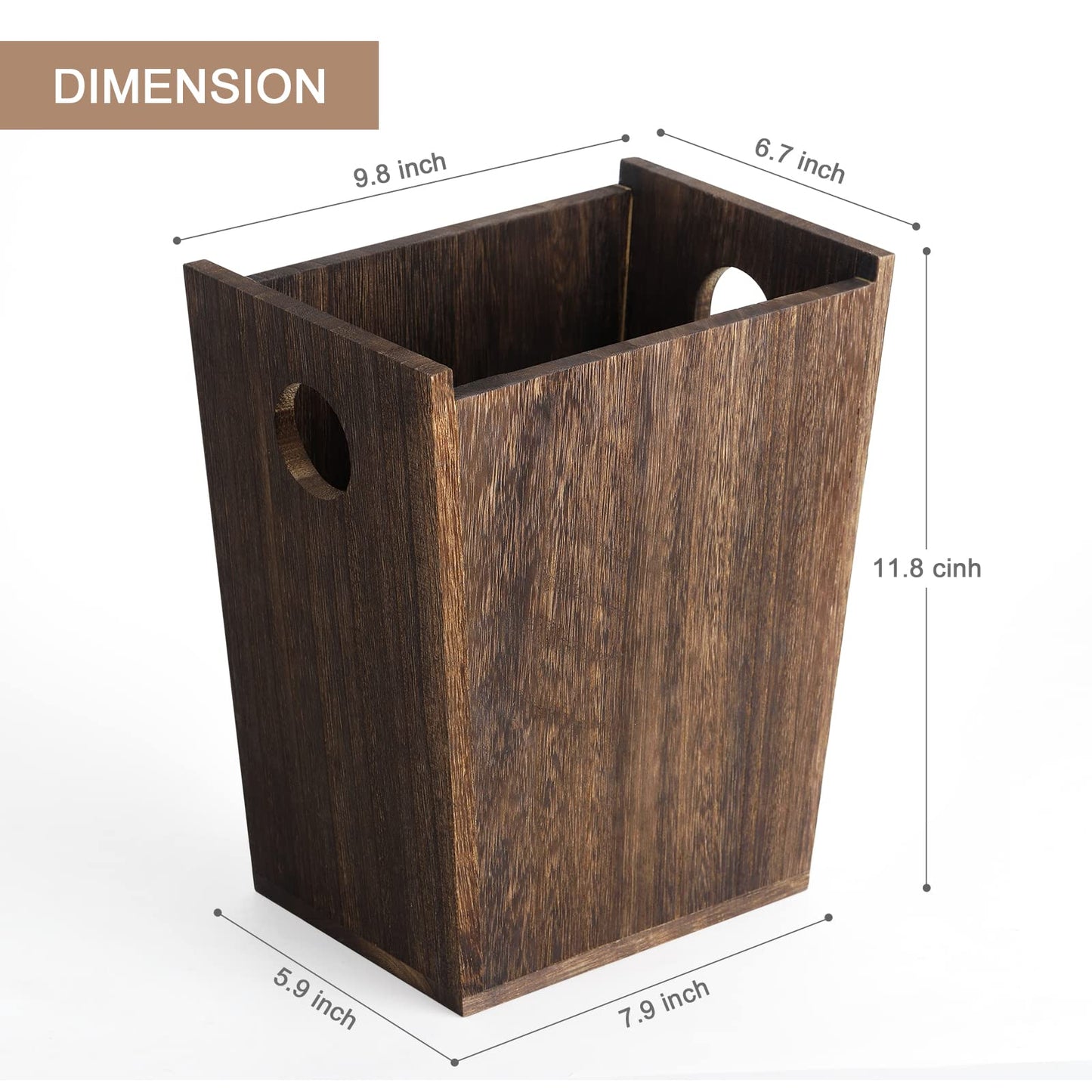 Wood Trash Can Wastebasket Small Rectangular Farmhouse Rustic Garbage Bin with Handles for Bedroom, Bathroom, Kitchen, Office, Brown
