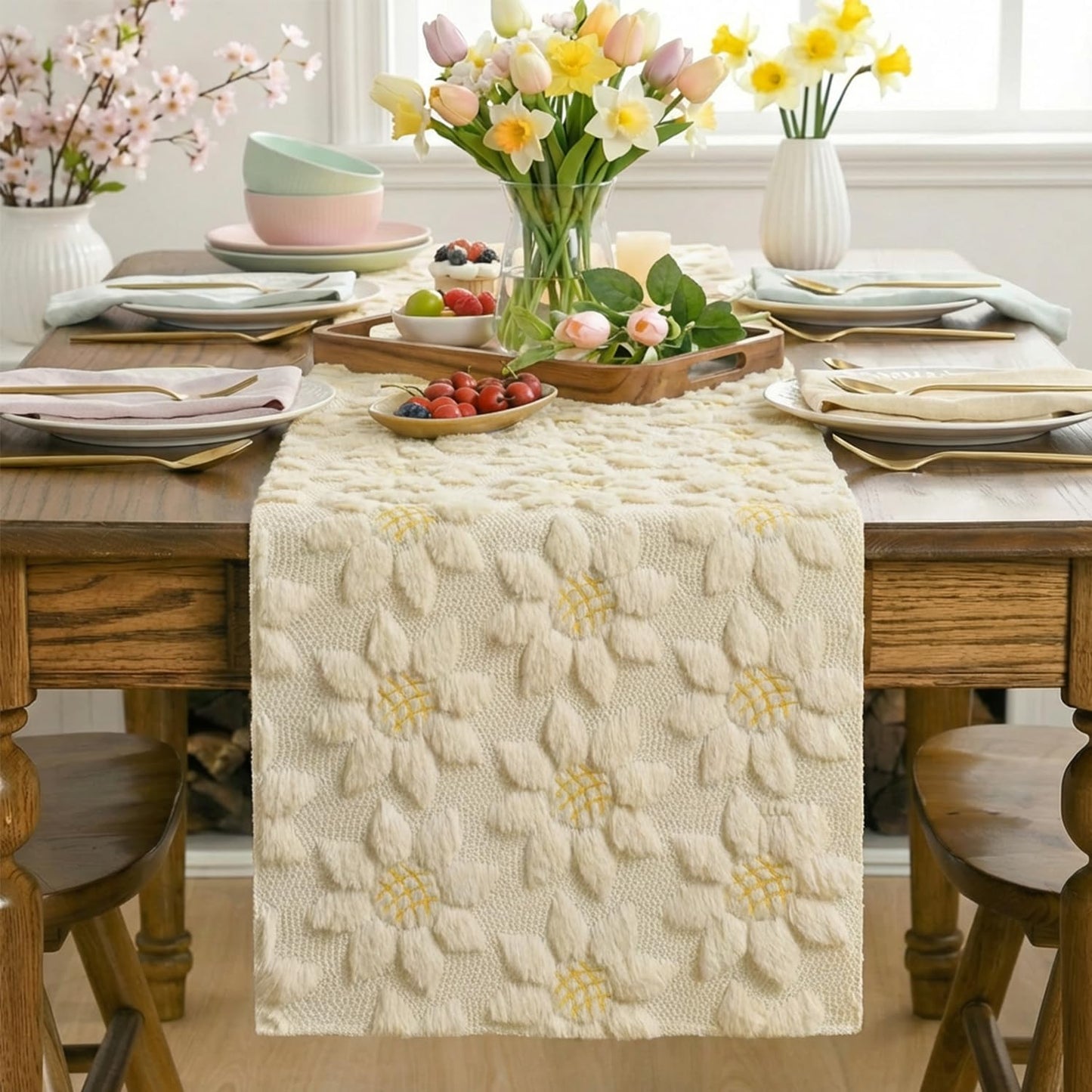 Artoid Mode Beige Soft Plush Faux Fur Jacquard Embroidery Sunflower Spring Table Runner, Kitchen Dining Table Decoration for Home Party Decor 13x48 Inch