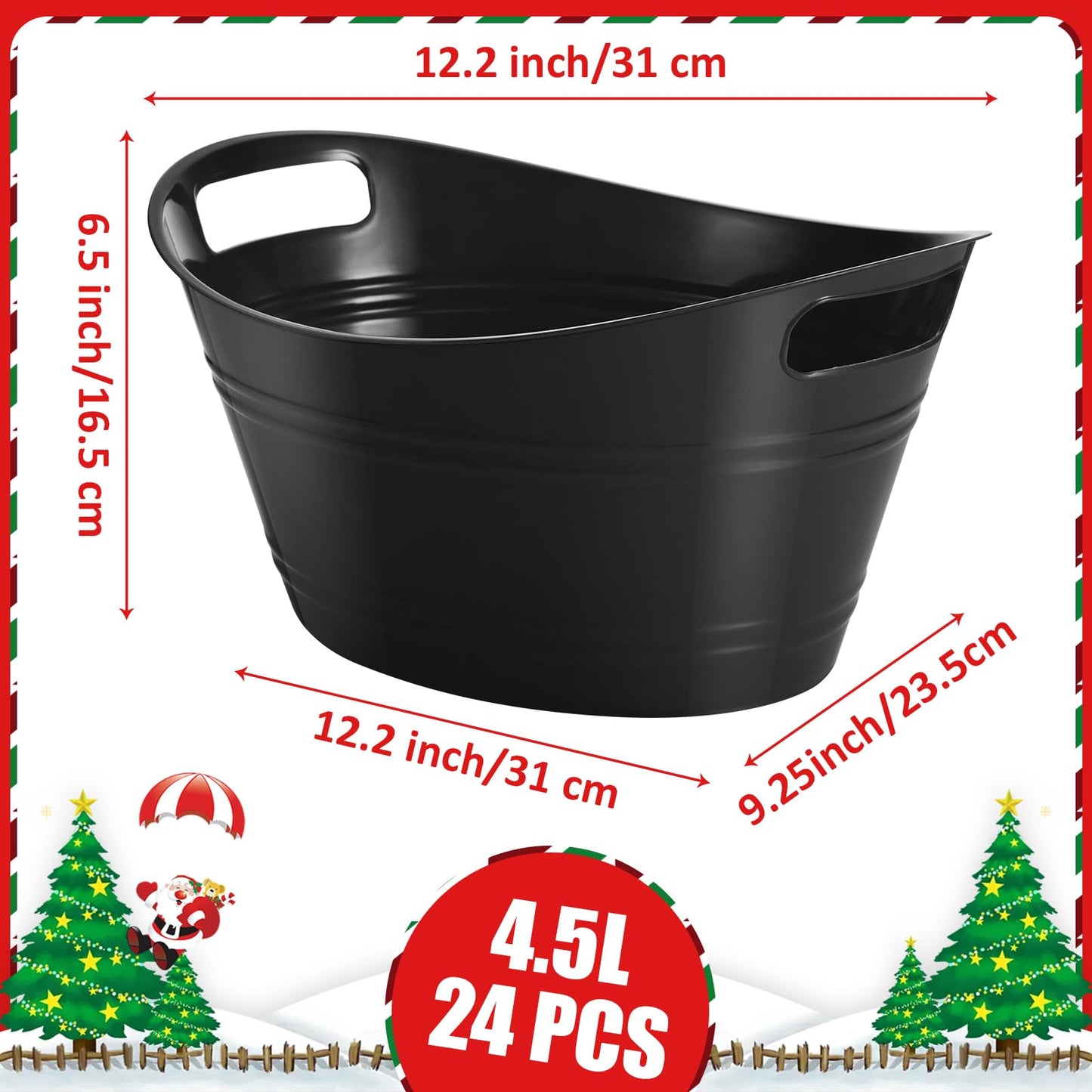 Norme 24 Pcs Oval Storage Tub with Handles, 4.5l Plastic Ice Buckets Bulk for Wine Beer Champagne Drink Cooler Beverage Storage Tub for Parties BBQ Weddings Party Outdoor Celebration(Black)