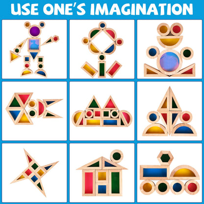 Agirlgle Wooden Rainbow Building Blocks for Kids 32 Pcs Rainbow Stacker Stacking Blocks Game Colorful Construction Toys Preschool Learning Educational Toys -Geometry Wooden Blocks for Boys & Girls
