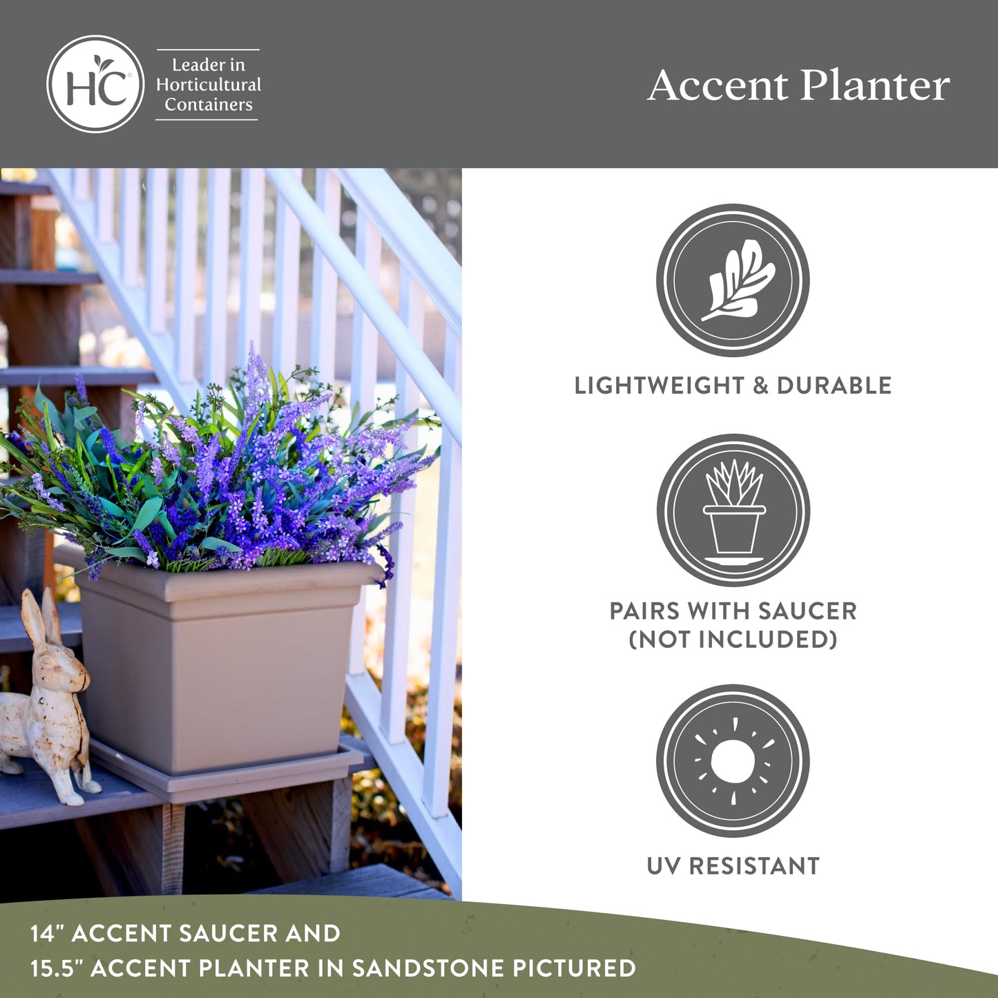 Accent Square Planter - The HC Companies 15.5-Inch Large Square Flower Box Planter for Indoor & Outdoor Flowers/Plants, Pairs w/ 15.5" Clay Accent Saucer SRO15500E35 Clay (ROS15500E35)