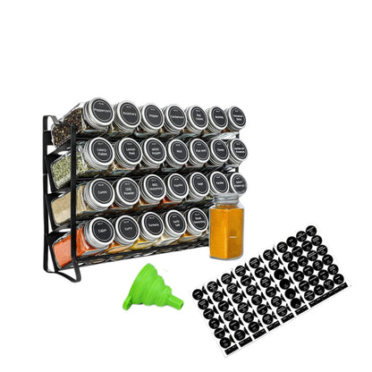 SAI AUREVIA - 28-Jar Spice Rack Organizer with 4-Tier Metal Stand | Complete Set with Glass Jars, Labels & Funnel | Space-Saving Kitchen Spice Storage (Wall or Countertop Mount)