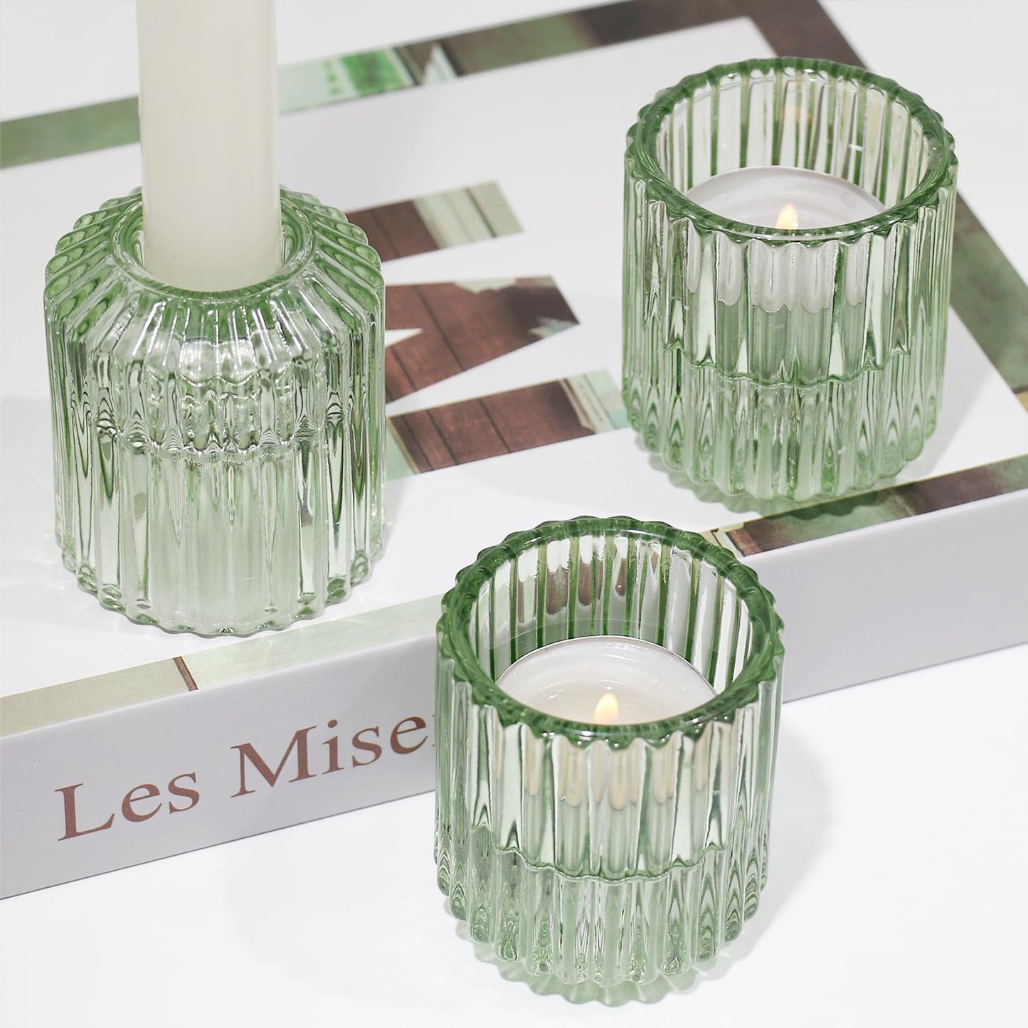 CHOCSTAY 3 Pcs Reversible Green Glass Candle Holders for Taper Tealight LED